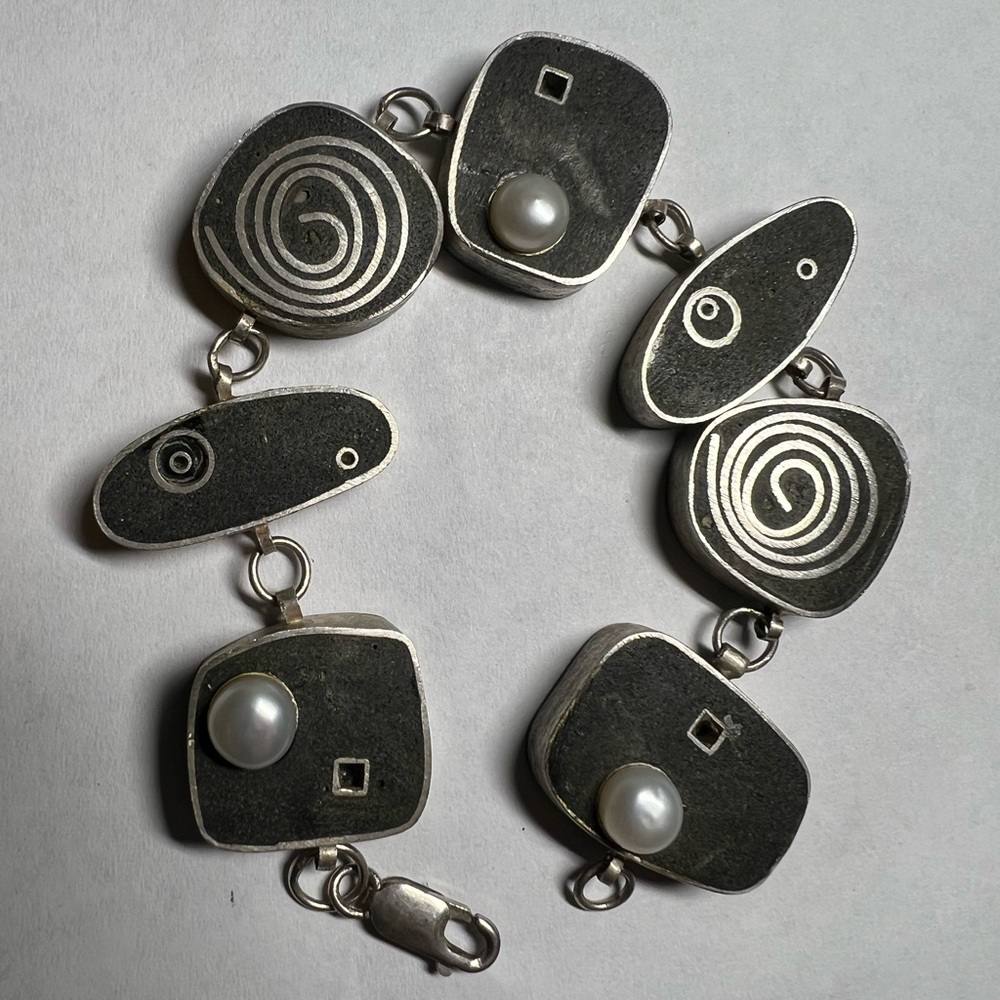 Vintage Sterling Silver Geometric Bracelet with Pearls